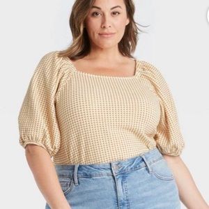 Ava & Viv Target Size X- Gingham puff sleeve blouse, yellow & white